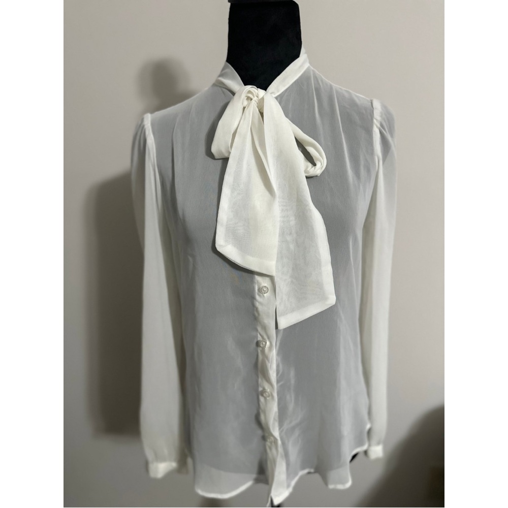 Sheer White Tie-Neck Blouse - Women's Top